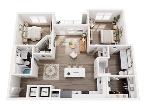 Floor plan for 2 beds, 2 baths, 1133 sqft